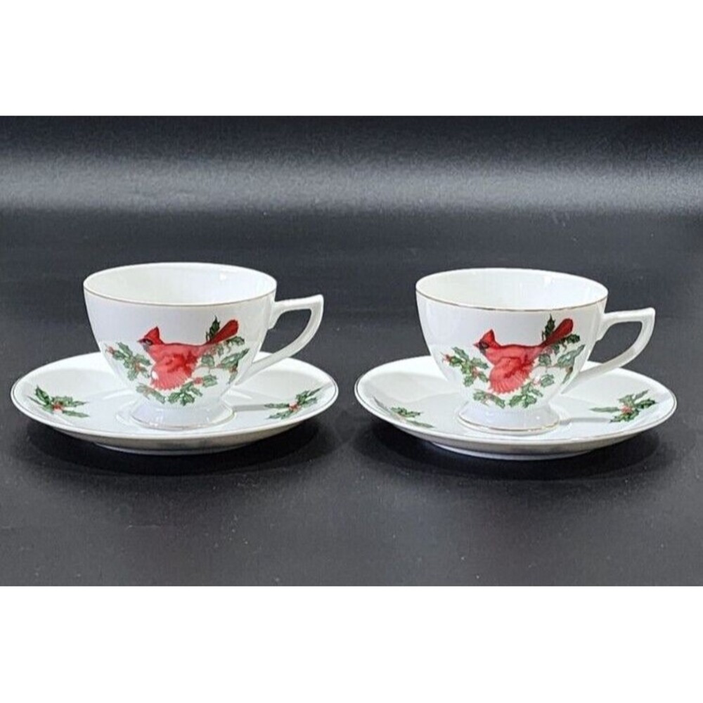 Vintage Lefton China Cardinal 2 Cups and 2 Saucers Christmas Porcelain